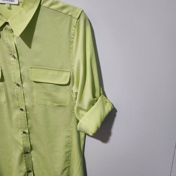CALVIN KLEIN Women's Iridescent Lime Green Long Sleeve Blouse Top  Size Small - Picture 4 of 6